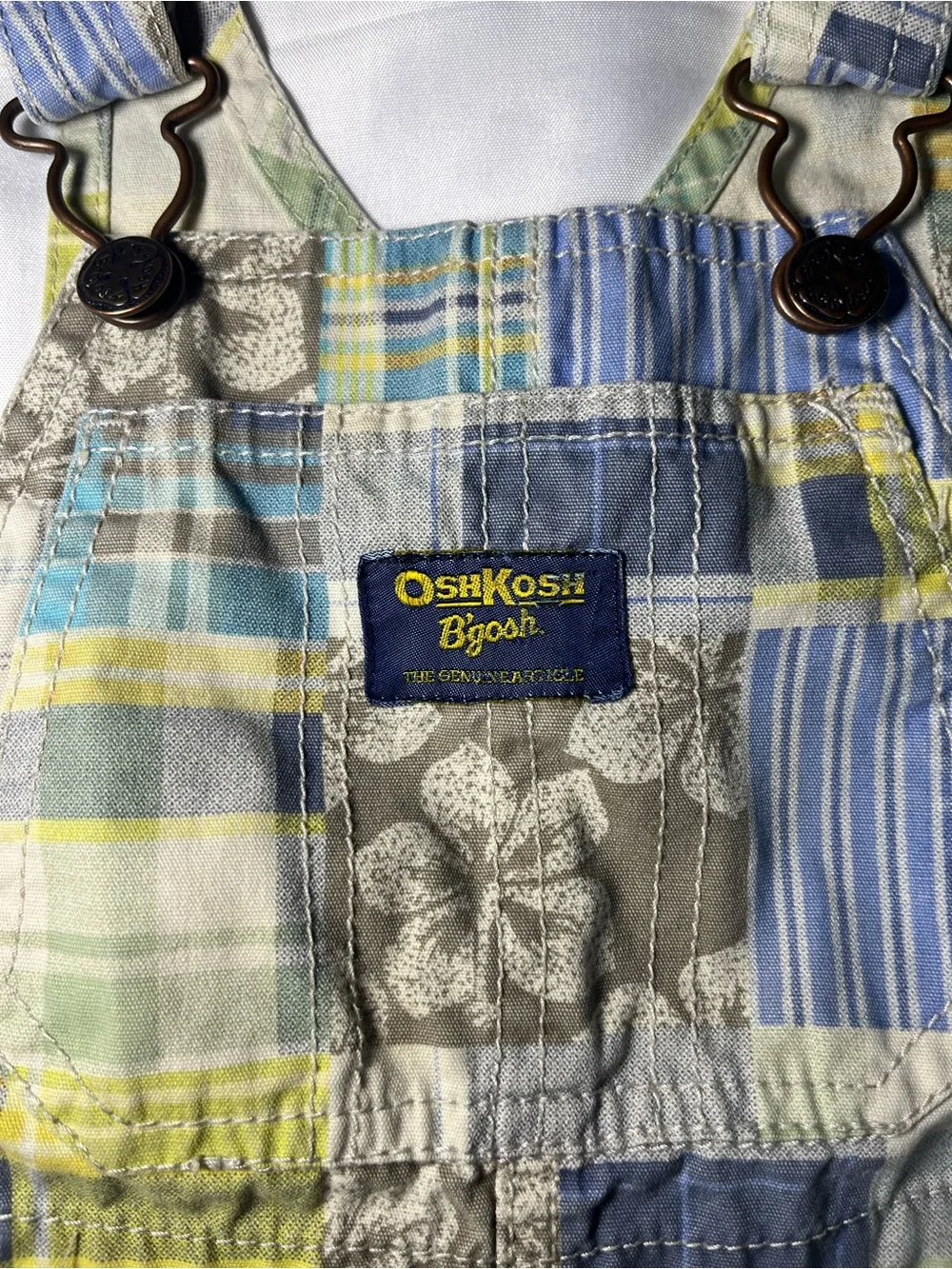 Vintage OshKosh Short Overalls 24M Patchwork Plaid Hawaiian Romper Vestbak
